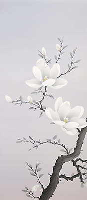 PSD 전통 백그라운드 일러스트 붓터치 나뭇잎 수묵화 사람없음 회색 흰색 나뭇가지 동양화 목련 국내일러스트 나무 꽃 컬러 잎 미술 파일형식