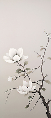 PSD 전통 백그라운드 일러스트 붓터치 나뭇잎 수묵화 사람없음 회색 흰색 나뭇가지 동양화 목련 국내일러스트 나무 꽃 컬러 잎 미술 파일형식