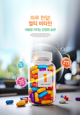 PSD 편집이미지 탁자 건강 타이포그라피 사람없음 컬러풀 알약 약병 비타민 건강보조식품 영양제 이미지편집 문자 컬러 가구 약 건강식품 영양소 병_담는 파일형식