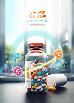 PSD 편집이미지 탁자 건강 타이포그라피 사람없음 컬러풀 알약 약병 비타민 건강보조식품 영양제 이미지편집 문자 컬러 가구 약 건강식품 영양소 병_담는 파일형식