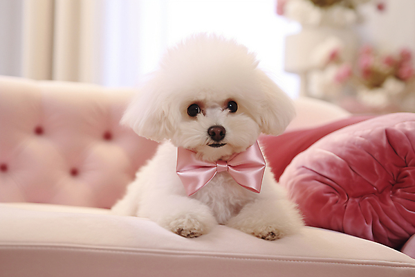 JPG 동물 편집이미지 한마리 응시 리본 반려견 엎드리기 분홍색 쿠션 사람없음 반려동물 소파 귀여움 강아지 디지털합성 푸들 편집실사 AI포토 AI콘텐츠 1 시선 컬러 컨셉 의자 모션 개 CG 파일형식