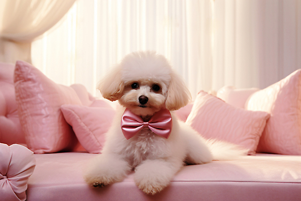 JPG 동물 편집이미지 한마리 응시 리본 반려견 엎드리기 분홍색 쿠션 사람없음 반려동물 소파 귀여움 커튼 강아지 디지털합성 푸들 편집실사 AI포토 AI콘텐츠 1 시선 컬러 컨셉 의자 모션 개 CG 파일형식