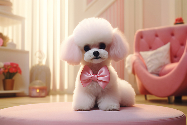 JPG 동물 편집이미지 한마리 리본 반려견 분홍색 사람없음 반려동물 소파 귀여움 강아지 디지털합성 푸들 편집실사 AI포토 AI콘텐츠 1 컬러 컨셉 의자 개 CG 파일형식