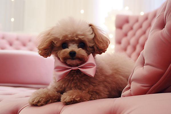 JPG 동물 편집이미지 한마리 리본 반려견 엎드리기 분홍색 쿠션 사람없음 반려동물 소파 귀여움 강아지 디지털합성 푸들 편집실사 AI포토 AI콘텐츠 1 컬러 컨셉 의자 모션 개 CG 파일형식