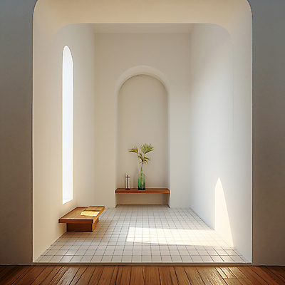 JPG 식물 편집이미지 기독교 종교 백그라운드 십자가 의자 창문 사람없음 인테리어 햇빛 꽃병 고요 공간 흰색 기도 타일 디지털합성 편집소스 미니멀 편집실사 AI포토 AI콘텐츠 디자인 꽃 컬러 가구 태양 CG 파일형식