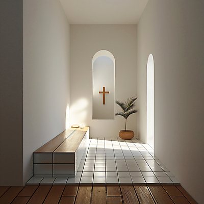 JPG 식물 편집이미지 기독교 종교 백그라운드 십자가 의자 창문 사람없음 인테리어 햇빛 고요 공간 흰색 기도 타일 디지털합성 편집소스 미니멀 편집실사 AI포토 AI콘텐츠 디자인 컬러 가구 태양 CG 파일형식