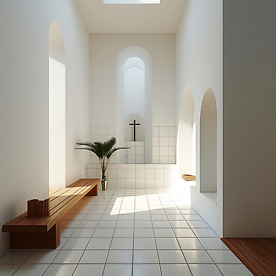 JPG 식물 편집이미지 기독교 종교 백그라운드 십자가 의자 창문 사람없음 인테리어 햇빛 고요 공간 흰색 기도 타일 디지털합성 편집소스 미니멀 편집실사 AI포토 AI콘텐츠 디자인 컬러 가구 태양 CG 파일형식