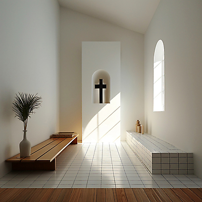 JPG 식물 편집이미지 기독교 종교 백그라운드 십자가 의자 창문 사람없음 인테리어 햇빛 고요 공간 흰색 기도 타일 디지털합성 편집소스 미니멀 편집실사 AI포토 AI콘텐츠 디자인 컬러 가구 태양 CG 파일형식