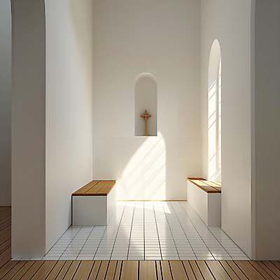 JPG 편집이미지 기독교 종교 백그라운드 십자가 의자 창문 사람없음 인테리어 햇빛 고요 공간 흰색 기도 타일 디지털합성 편집소스 미니멀 편집실사 AI포토 AI콘텐츠 디자인 컬러 가구 태양 CG 파일형식