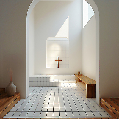 JPG 편집이미지 기독교 종교 백그라운드 십자가 의자 창문 사람없음 인테리어 햇빛 꽃병 고요 공간 흰색 기도 타일 디지털합성 편집소스 미니멀 편집실사 AI포토 AI콘텐츠 디자인 꽃 컬러 가구 태양 CG 파일형식