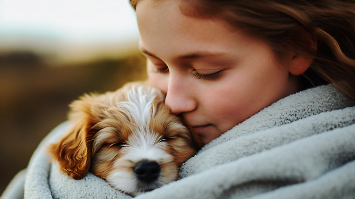 JPG 편집이미지 한마리 여자 행복 반려견 어린이 포옹 사랑 한명 소녀 상반신 옆모습 반려동물 눈감음 강아지 디지털합성 힐링 소녀한명만 편집실사 AI인물포토 AI콘텐츠 동물 1 감정 뷰포인트 안기 모션 사람 개 CG 여자한명만 소녀만 파일형식 AI포토