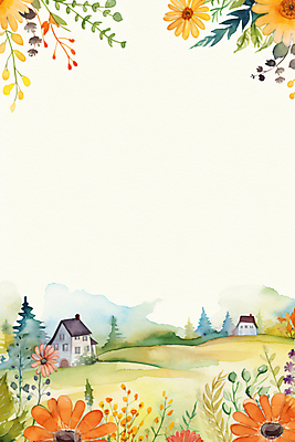 JPG 나무 백그라운드 일러스트 하늘 수채화 주택 풍경 사람없음 마을 들꽃 시골 분위기 디지털합성 국내일러스트 AI일러스트 AI콘텐츠 식물 꽃 컨셉 건물 파일형식