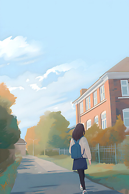 JPG 전신 나무 구름 학생 여자 교복 일러스트 창문 학교 청소년 하늘 책가방 한명 풍경 잔디 건물 울타리 등교 십대여자한명만 국내일러스트 AI일러스트 AI콘텐츠 자연요소 식물 1 건축물 옷 교육 가방 사람 담장 등하교 여자한명만 십대여자만 파일형식