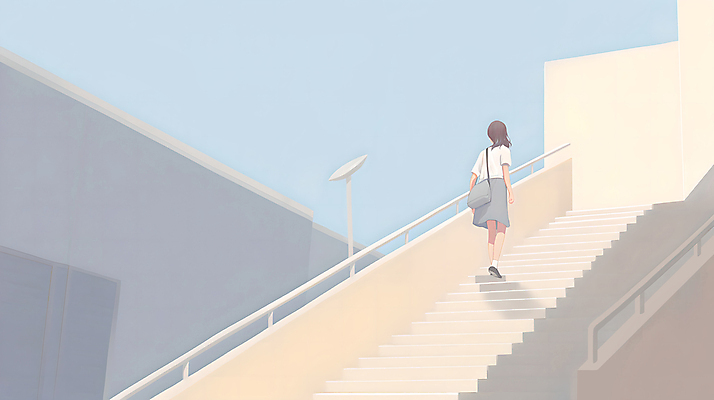 JPG 전신 학생 여자 교복 하늘색 가방 일러스트 학교 청소년 하늘 조명 한명 풍경 건물 계단 등교 베이지색 십대여자한명만 국내일러스트 AI일러스트 AI콘텐츠 1 건축물 잡화 옷 교육 컬러 사람 파란색 등하교 여자한명만 십대여자만 파일형식