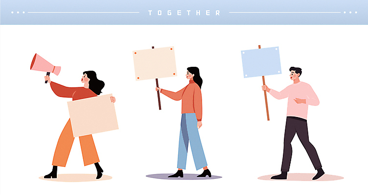 전신 여자 남자 캠페인 일러스트 응원 함께함 들기 이벤트 성인 세명 걷기 확성기 외침 팻말 사회이슈 알림 화합 시위 참여 성인만 카피스페이스 시위대 국내일러스트 AI파일 컨셉 모션 프레임 사람 소리 공백 파일형식 벡터