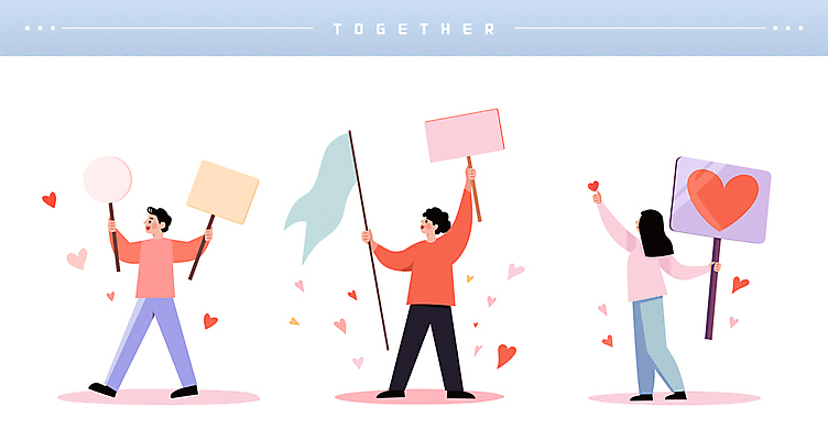 전신 여자 남자 캠페인 일러스트 응원 함께함 사랑 들기 이벤트 성인 세명 걷기 확성기 외침 팻말 하트 깃발 사회이슈 알림 화합 시위 참여 성인만 카피스페이스 시위대 국내일러스트 AI파일 모양 감정 컨셉 모션 프레임 사람 소리 공백 파일형식 벡터