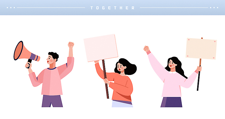 여자 남자 캠페인 일러스트 응원 함께함 들기 이벤트 상반신 성인 세명 확성기 외침 팻말 사회이슈 알림 화합 시위 참여 성인만 카피스페이스 시위대 국내일러스트 AI파일 컨셉 모션 프레임 사람 소리 공백 파일형식 벡터