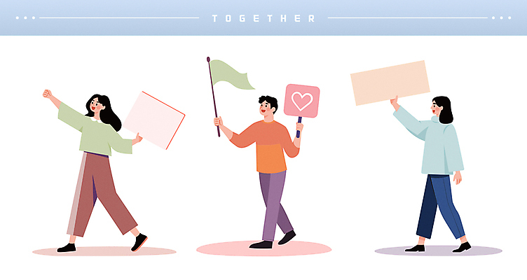 전신 여자 남자 캠페인 일러스트 응원 함께함 사랑 들기 이벤트 성인 세명 걷기 확성기 외침 팻말 깃발 사회이슈 알림 화합 시위 참여 성인만 카피스페이스 시위대 국내일러스트 AI파일 감정 컨셉 모션 프레임 사람 소리 공백 파일형식 벡터