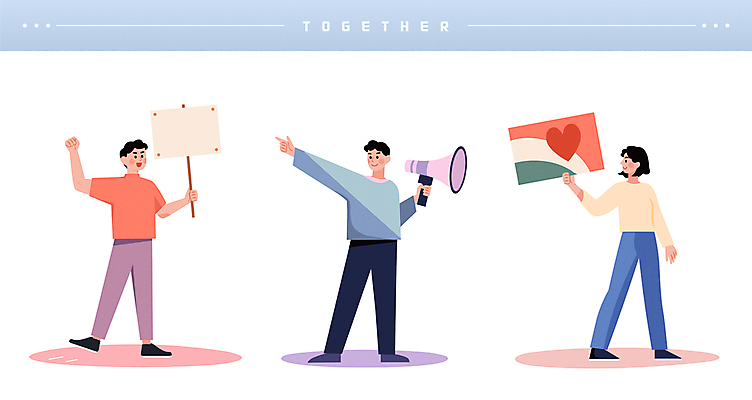 전신 여자 남자 캠페인 일러스트 응원 함께함 사랑 들기 이벤트 성인 세명 걷기 확성기 외침 팻말 사회이슈 알림 화합 시위 참여 성인만 카피스페이스 시위대 국내일러스트 AI파일 감정 컨셉 모션 프레임 사람 소리 공백 파일형식 벡터