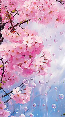 JPG 편집이미지 분홍색 페인팅 하늘 사람없음 봄 벚꽃 물방울 벚나무 편집실사 나무 계절 꽃 컬러 CG 파일형식