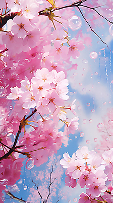 JPG 편집이미지 분홍색 페인팅 하늘 사람없음 봄 벚꽃 물방울 벚나무 편집실사 나무 계절 꽃 컬러 CG 파일형식