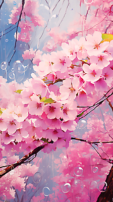 JPG 편집이미지 분홍색 페인팅 하늘 사람없음 봄 벚꽃 물방울 벚나무 편집실사 나무 계절 꽃 컬러 CG 파일형식