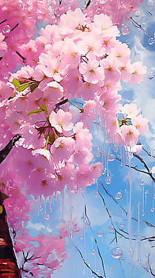 JPG 편집이미지 분홍색 페인팅 하늘 사람없음 봄 벚꽃 물방울 벚나무 편집실사 나무 계절 꽃 컬러 CG 파일형식