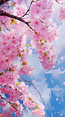 JPG 편집이미지 분홍색 페인팅 하늘 사람없음 봄 벚꽃 물방울 벚나무 편집실사 나무 계절 꽃 컬러 CG 파일형식