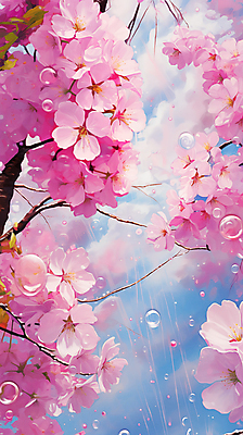 JPG 편집이미지 분홍색 페인팅 하늘 사람없음 봄 벚꽃 물방울 벚나무 편집실사 나무 계절 꽃 컬러 CG 파일형식
