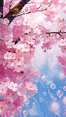 JPG 편집이미지 분홍색 페인팅 하늘 사람없음 봄 벚꽃 물방울 벚나무 편집실사 나무 계절 꽃 컬러 CG 파일형식