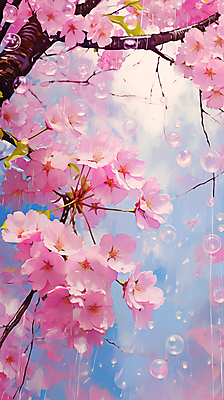 JPG 편집이미지 분홍색 페인팅 하늘 사람없음 봄 벚꽃 물방울 벚나무 편집실사 나무 계절 꽃 컬러 CG 파일형식