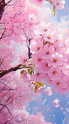 JPG 편집이미지 분홍색 페인팅 하늘 사람없음 봄 벚꽃 물방울 벚나무 편집실사 나무 계절 꽃 컬러 CG 파일형식