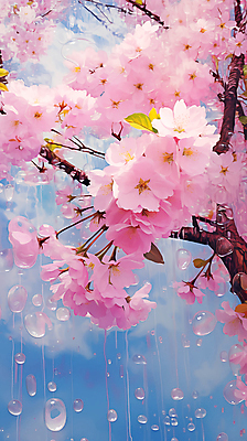 JPG 편집이미지 분홍색 페인팅 하늘 사람없음 봄 벚꽃 물방울 벚나무 편집실사 나무 계절 꽃 컬러 CG 파일형식