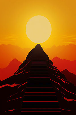 JPG 백그라운드 일러스트 하늘 산 사람없음 빨간색 태양 계단 일몰 정상 국내일러스트 AI일러스트 AI콘텐츠 자연요소 컬러 노을 파일형식