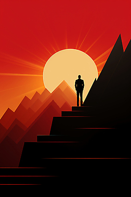 JPG 전신 남자 실루엣 백그라운드 일러스트 하늘 산 한명 성인 빨간색 태양 계단 일몰 정상 성인남자한명만 국내일러스트 AI일러스트 AI콘텐츠 자연요소 1 컬러 촬영기법 사람 노을 남자한명만 성인남자만 파일형식