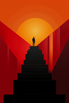 JPG 전신 남자 실루엣 백그라운드 일러스트 하늘 한명 성인 빨간색 태양 계단 일몰 정상 성인남자한명만 국내일러스트 AI일러스트 AI콘텐츠 자연요소 1 컬러 촬영기법 사람 노을 남자한명만 성인남자만 파일형식