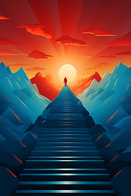 JPG 전신 남자 실루엣 백그라운드 일러스트 하늘 산 한명 성인 빨간색 태양 계단 일몰 정상 성인남자한명만 국내일러스트 AI일러스트 AI콘텐츠 자연요소 1 컬러 촬영기법 사람 노을 남자한명만 성인남자만 파일형식