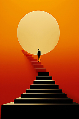 JPG 전신 남자 실루엣 백그라운드 일러스트 하늘 한명 성인 빨간색 태양 계단 정상 성인남자한명만 국내일러스트 AI일러스트 AI콘텐츠 자연요소 1 컬러 촬영기법 사람 남자한명만 성인남자만 파일형식