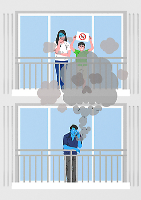 전신 PSD 여자 남자 어린이 일러스트 아파트 흡연 들기 소년 성인 세명 팻말 발코니 담배연기 이웃 금연표지판 흡연금지 간접흡연 국내일러스트 모션 주택 프레임 담배 사람 금지 표지판 연기 금연 파일형식