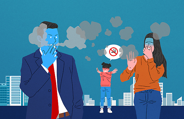 전신 PSD 여자 남자 어린이 일러스트 흡연 담배 소녀 상반신 성인 세명 파란색 담배연기 흡연금지 흡연자 간접흡연 국내일러스트 컬러 사람 금지 연기 파일형식