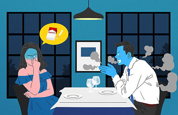 PSD 여자 남자 일러스트 흡연 실내 상반신 성인 두명 식당 식사 연기 냄새 담배연기 소개팅 싫은 흡연금지 흡연자 성인만 국내일러스트 담배 사람 내부 상점 금지 파일형식