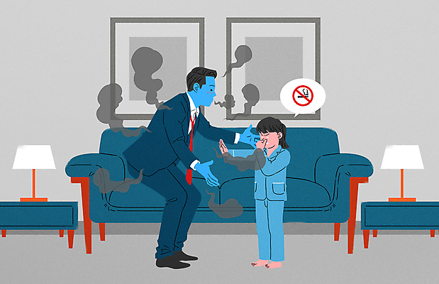 전신 PSD 여자 남자 어린이 거실 일러스트 집안 흡연 서기 소녀 성인 두명 비즈니스맨 아빠 거절 냄새 담배연기 흡연금지 부녀 국내일러스트 딸 컨셉 비즈니스 가족 모션 담배 실내 사람 금지 직장인 연기 파일형식