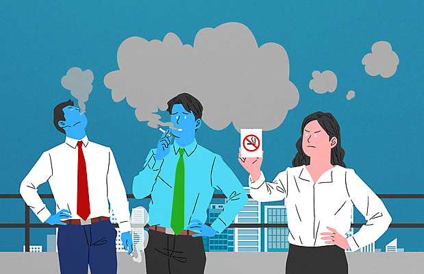 PSD 여자 남자 허리손 일러스트 회사 흡연 들기 상반신 성인 세명 비즈니스맨 비즈니스우먼 옥상 동료 냄새 담배연기 금연표지판 흡연금지 성인만 국내일러스트 포즈 비즈니스 관계 모션 담배 사람 금지 표지판 직장인 연기 금연 파일형식