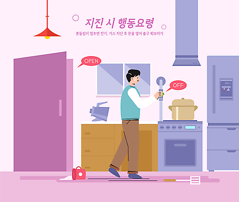 전신 남자 일러스트 출입구 한명 안전 성인 문 주방 보라색 오픈 전기에너지 잠금 안전수칙 냉장고 가스 대피 지진 성인남자한명만 차단 행동요령 국내일러스트 AI파일 1 컬러 사람 가전제품 에너지 자연재해 보안 남자한명만 성인남자만 파일형식 벡터