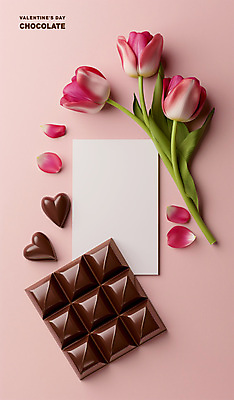 PSD 편집이미지 꽃 분홍색 프레임 발렌타인데이 사람없음 초콜릿 튤립 카피스페이스 이미지편집 식물 컬러 데이이벤트 디저트 공백 파일형식