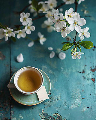 JPG 편집이미지 티타임 휴식 사람없음 파란색 평화 봄 벚꽃 빈티지 차 찻잔 디지털합성 감성 싱그러움 편집소스 편집실사 AI포토 AI콘텐츠 계절 꽃 음료 컬러 컨셉 잔 CG 파일형식