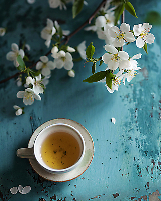 JPG 편집이미지 티타임 휴식 사람없음 파란색 평화 봄 벚꽃 빈티지 차 찻잔 디지털합성 감성 싱그러움 편집소스 편집실사 AI포토 AI콘텐츠 계절 꽃 음료 컬러 컨셉 잔 CG 파일형식