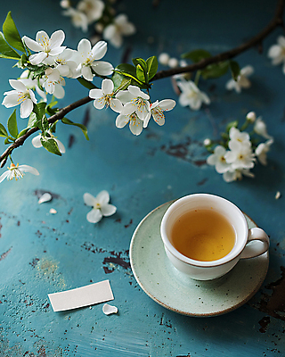 JPG 편집이미지 티타임 휴식 사람없음 파란색 평화 봄 벚꽃 빈티지 차 찻잔 디지털합성 감성 싱그러움 편집소스 편집실사 AI포토 AI콘텐츠 계절 꽃 음료 컬러 컨셉 잔 CG 파일형식