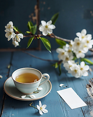 JPG 편집이미지 티타임 휴식 사람없음 파란색 평화 봄 벚꽃 빈티지 차 찻잔 디지털합성 감성 싱그러움 편집소스 편집실사 AI포토 AI콘텐츠 계절 꽃 음료 컬러 컨셉 잔 CG 파일형식