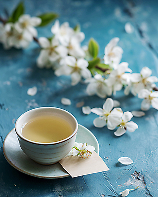 JPG 편집이미지 티타임 휴식 사람없음 파란색 평화 봄 벚꽃 빈티지 차 찻잔 디지털합성 감성 싱그러움 편집소스 편집실사 AI포토 AI콘텐츠 계절 꽃 음료 컬러 컨셉 잔 CG 파일형식